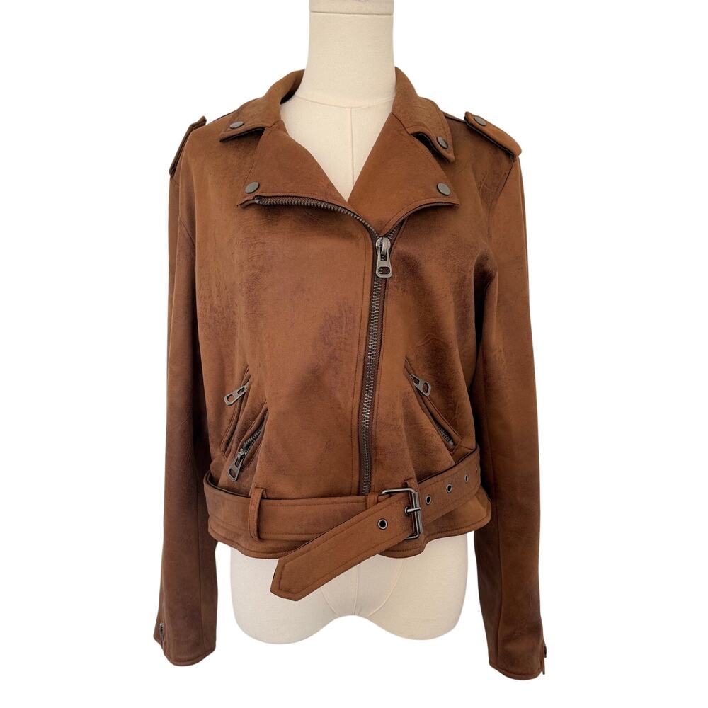 Velvet Heart (M) Brown Faux Suede Moto Jacket Belted Biker Motorcycle Boho